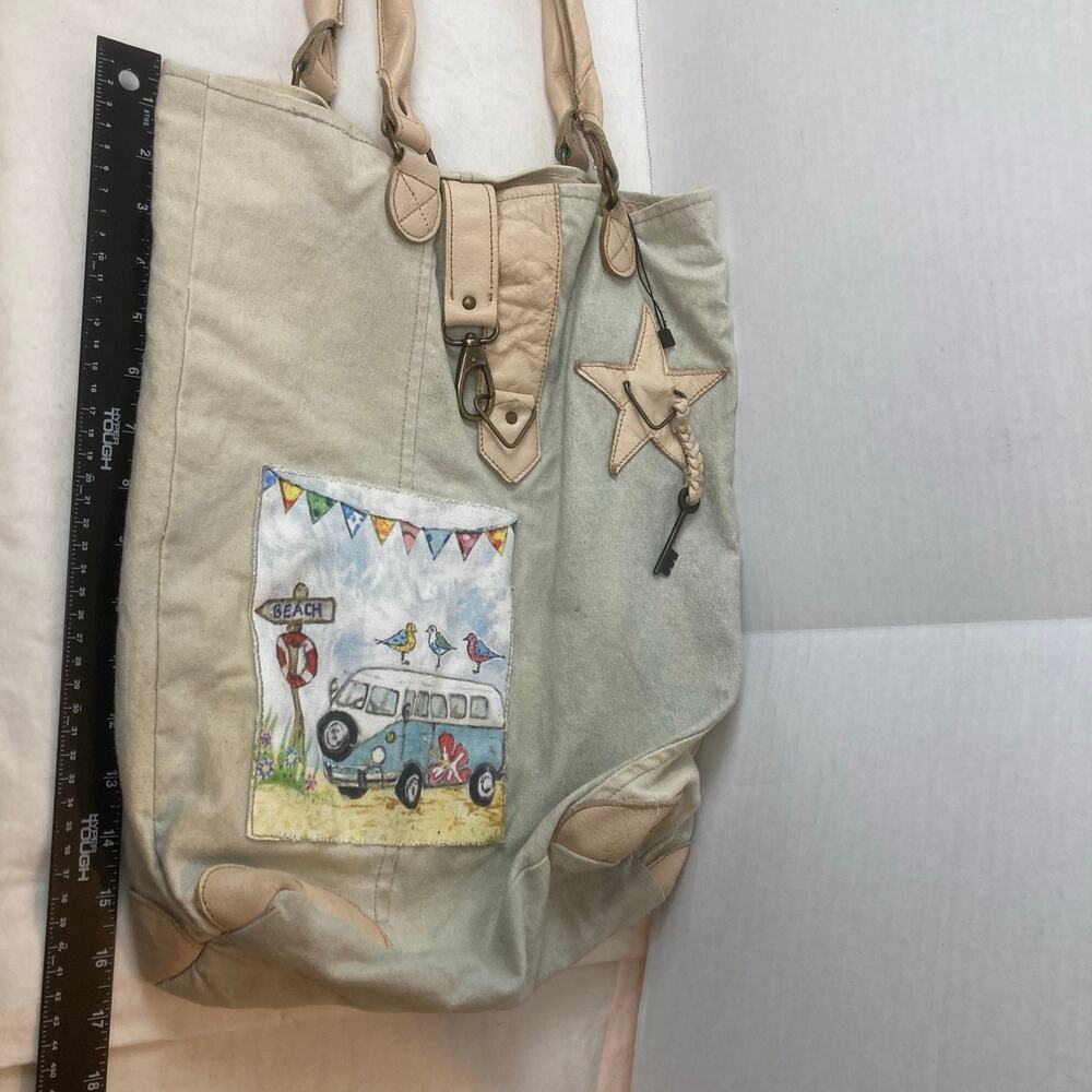 Vintage Addiction Canvas Tote Bag Cream Pink Leather Accent Beach Bus Camper Van - Picture 15 of 16